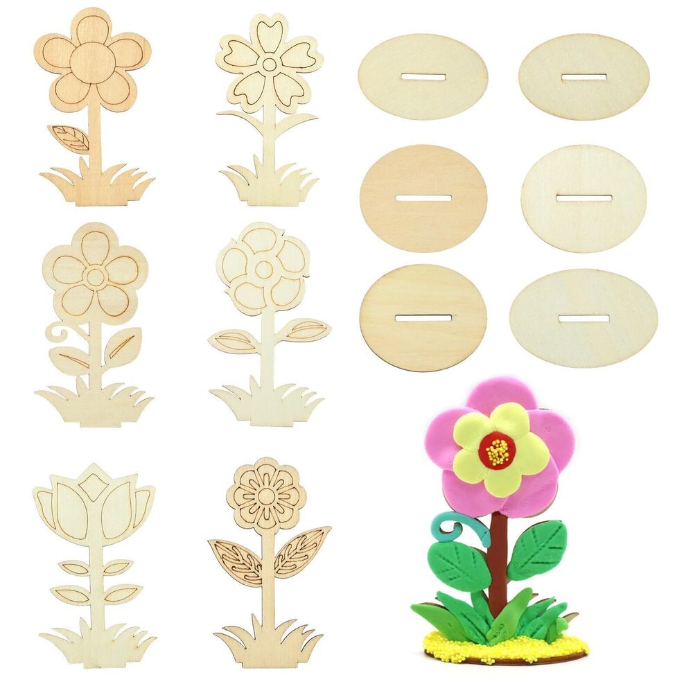 9628 30 pcs 6 Styles Flowers Unfinished Blank Wood Cutout Charms with Slot